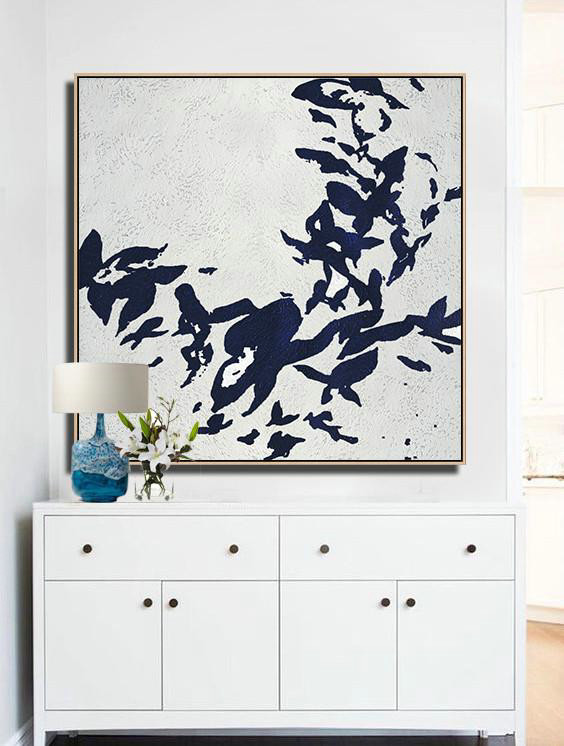 Large Oil Canvas Art,Minimalist Navy Blue And White Painting,Large Canvas Art,Modern Art Abstract Painting